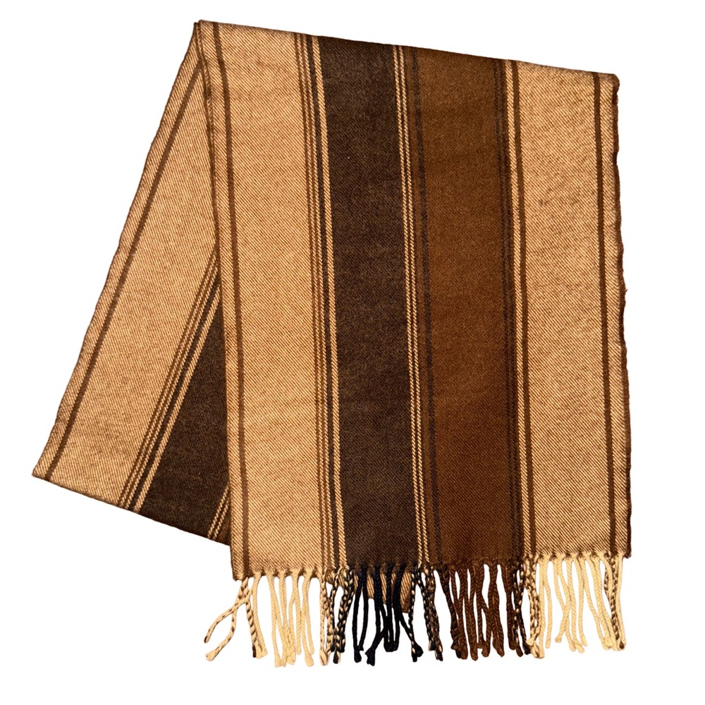 💙💖 100% Cashmere Striped Brown Scarf Fringe Old Money Minimalist Winter‎